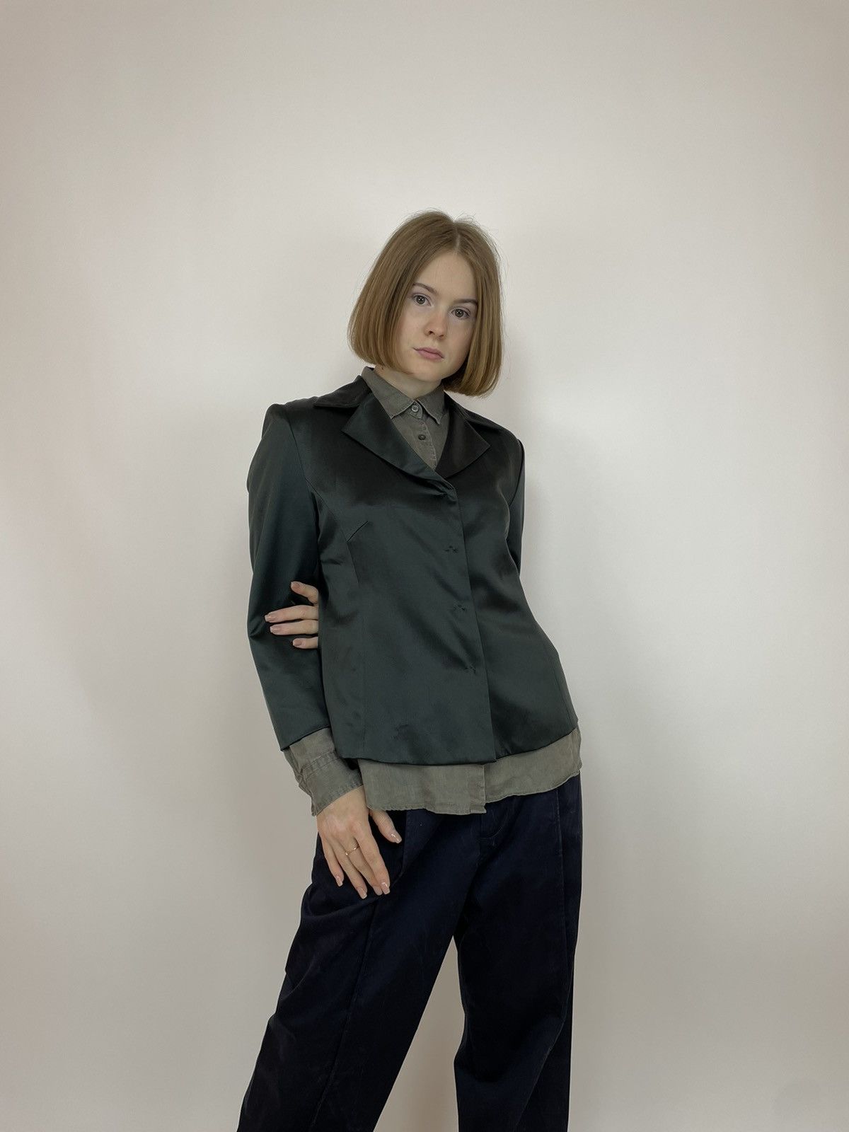 Designer SANDRA PABST GREEN SILK BLAZER JACKET SIZE 38 Size XS / US 0-2 / IT 36-38 - 2 Thumbnail