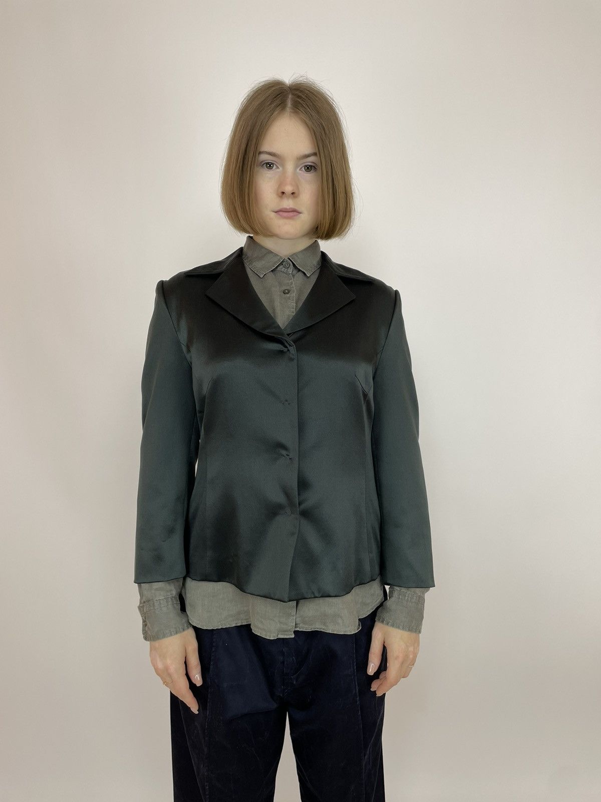 Designer SANDRA PABST GREEN SILK BLAZER JACKET SIZE 38 Size XS / US 0-2 / IT 36-38 - 1 Thumbnail