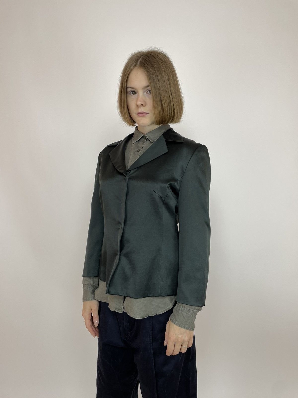 Designer SANDRA PABST GREEN SILK BLAZER JACKET SIZE 38 Size XS / US 0-2 / IT 36-38 - 3 Thumbnail