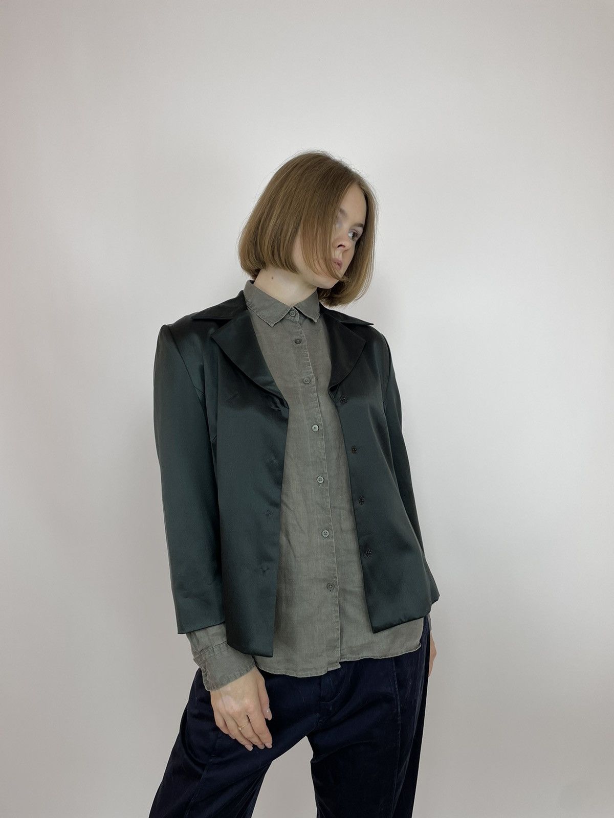 Designer SANDRA PABST GREEN SILK BLAZER JACKET SIZE 38 Size XS / US 0-2 / IT 36-38 - 10 Thumbnail