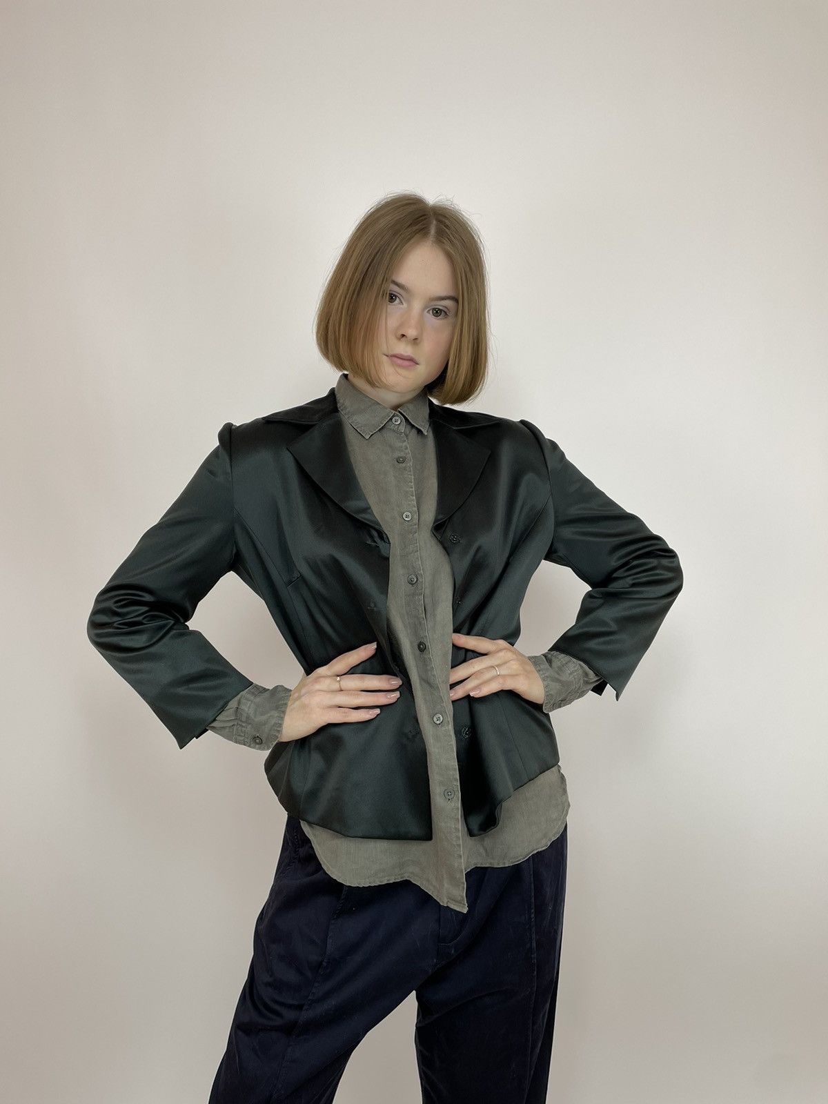 Designer SANDRA PABST GREEN SILK BLAZER JACKET SIZE 38 Size XS / US 0-2 / IT 36-38 - 6 Thumbnail