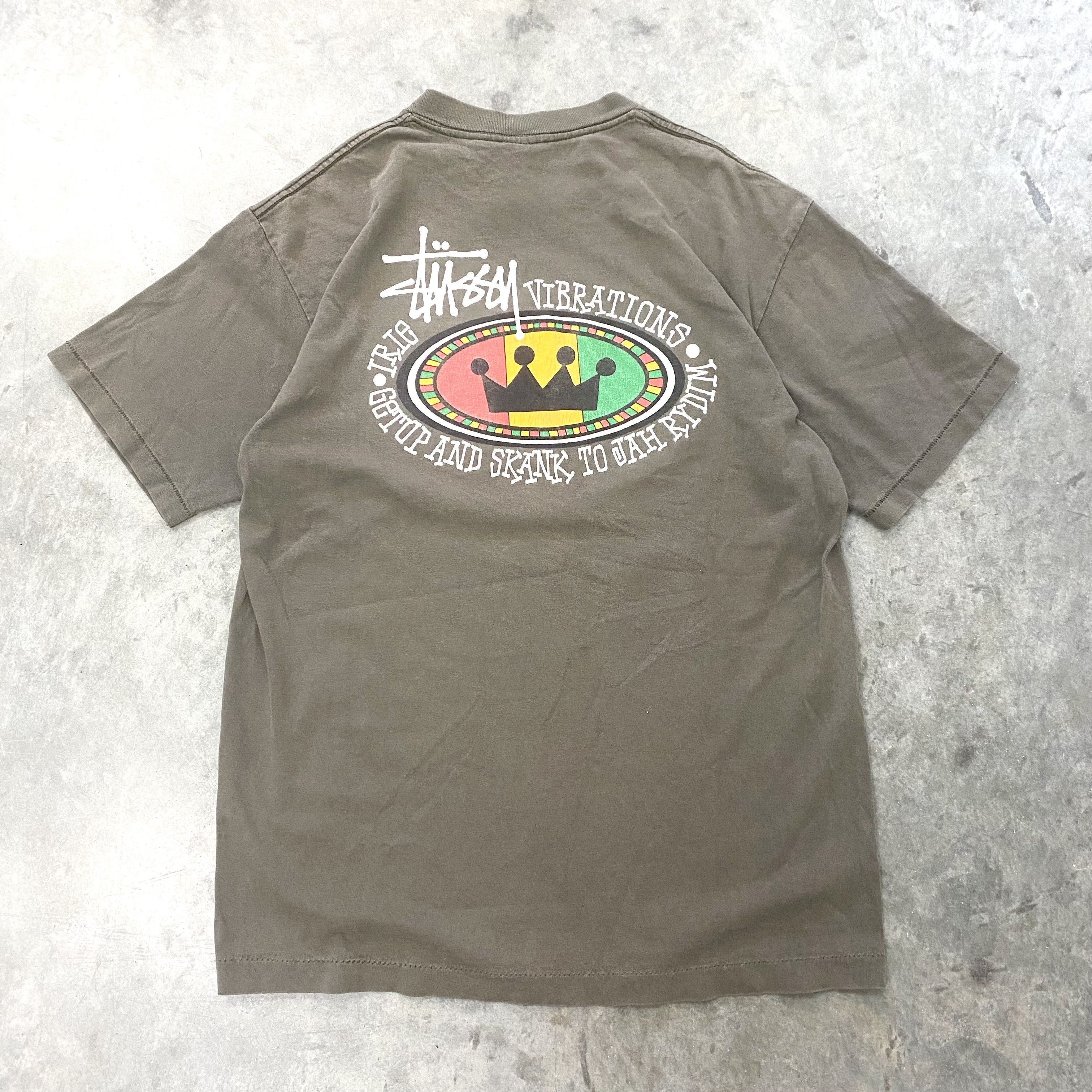image of Stussy x Vintage VTG 90's Stüssy Vibrations Rasta T Shirt Graphic in Khaki Green, Men's (Size Large
