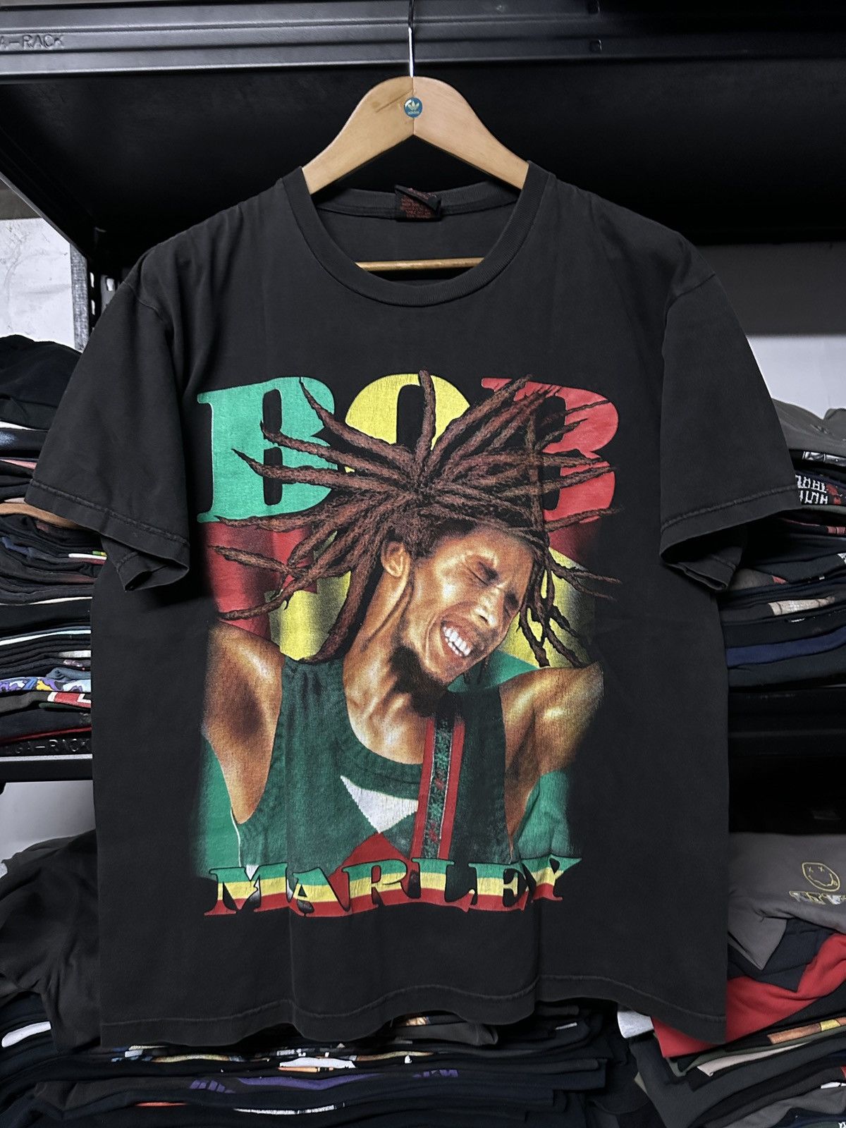 image of Band Tees x Rap Tees Vintage Bob Marley Rastaman Bootleg Faded Tee in Black, Men's (Size Large)