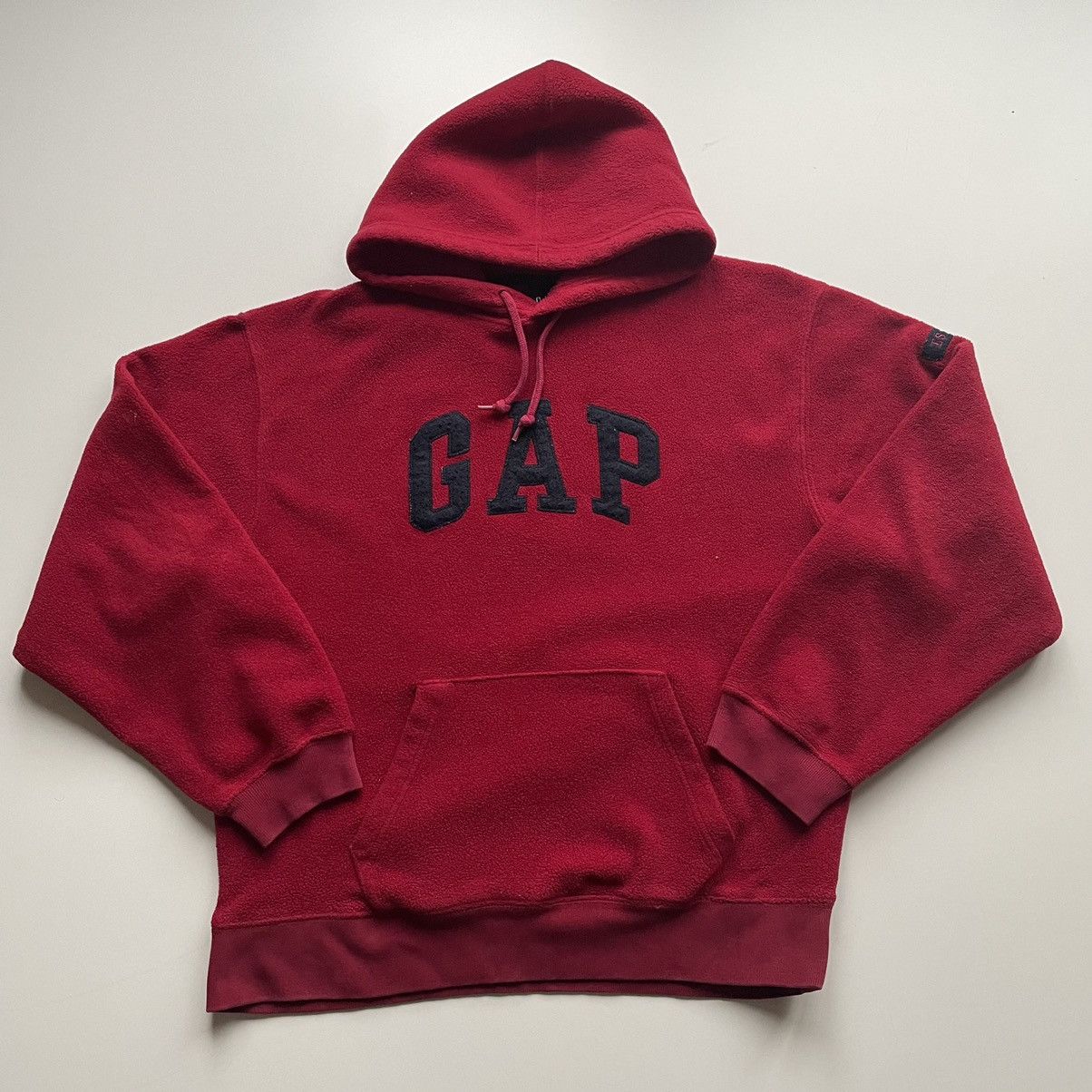 image of Vintage 90's Y2K Gap Spell Out Fleece Hoodie in Burgundy, Men's (Size Medium)