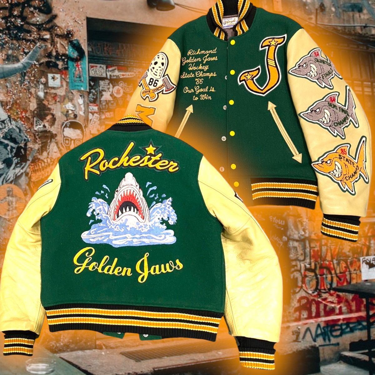 image of Toyo Enterprises x Whitesville Rochester Golden Jaws Green Varsity Jacket, Men's (Size Medium)