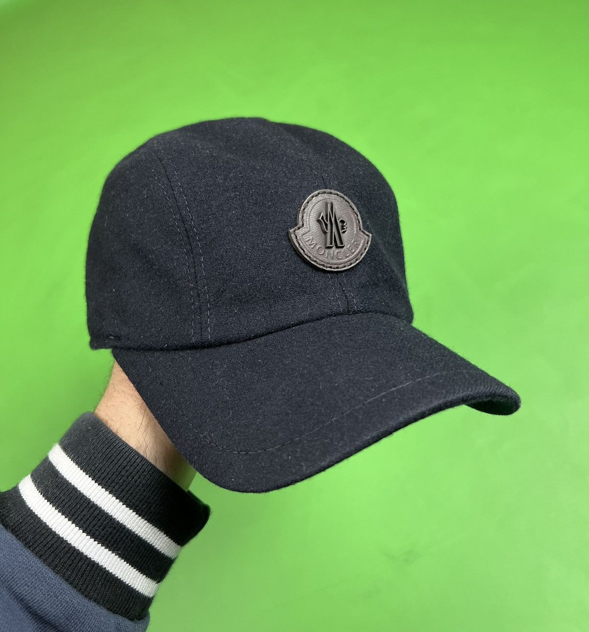 image of Moncler Leather/ Metal Logo Wool Cap in Navy, Men's