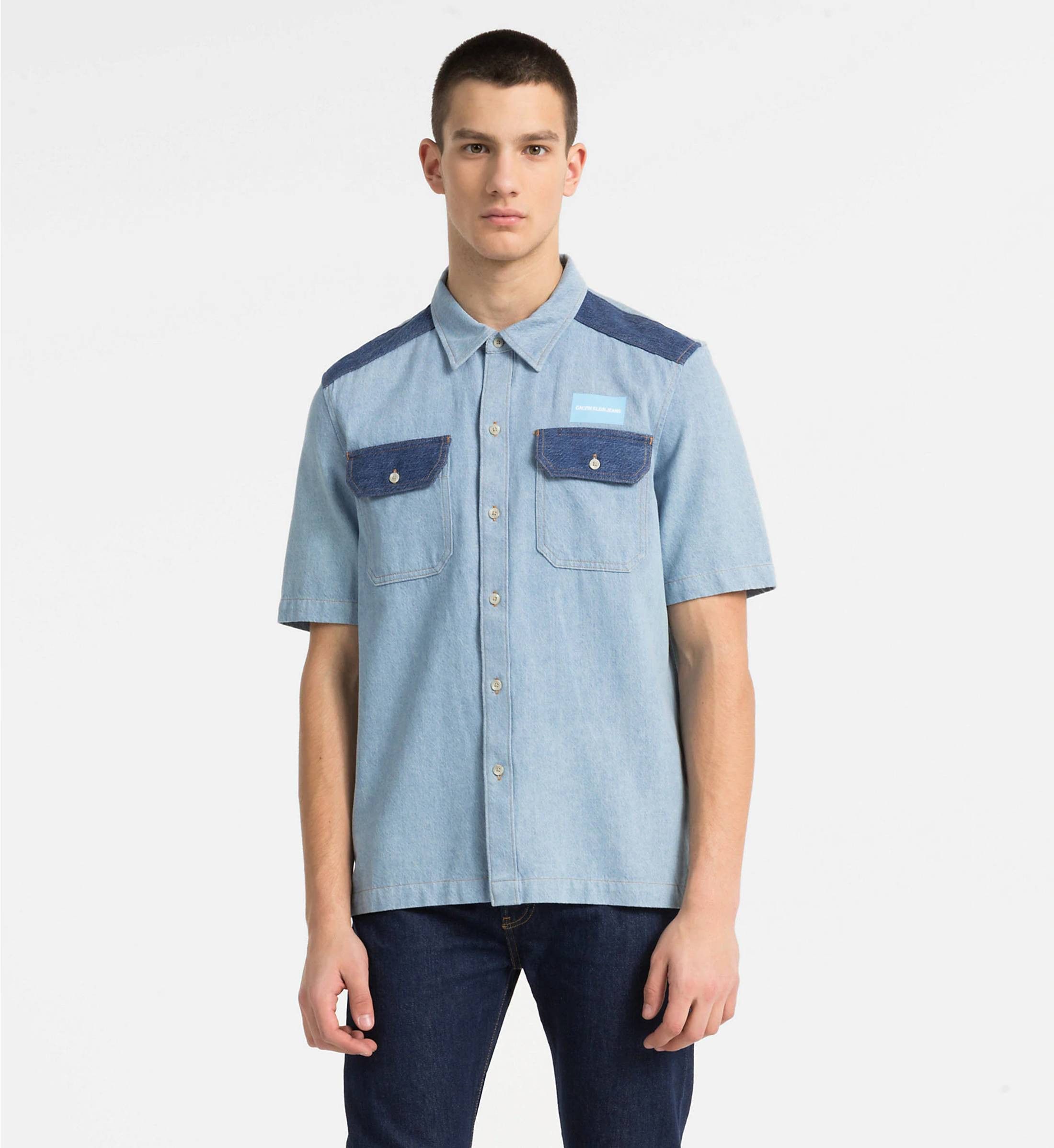 image of Calvin Klein Contrasting Western Ck Logo Denim Shirt in Light Denim, Men's (Size Large)