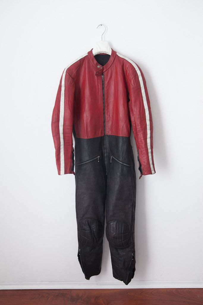 image of Vintage 1971 Gaman Leather Riding Suit in Black Red, Men's (Size Small)