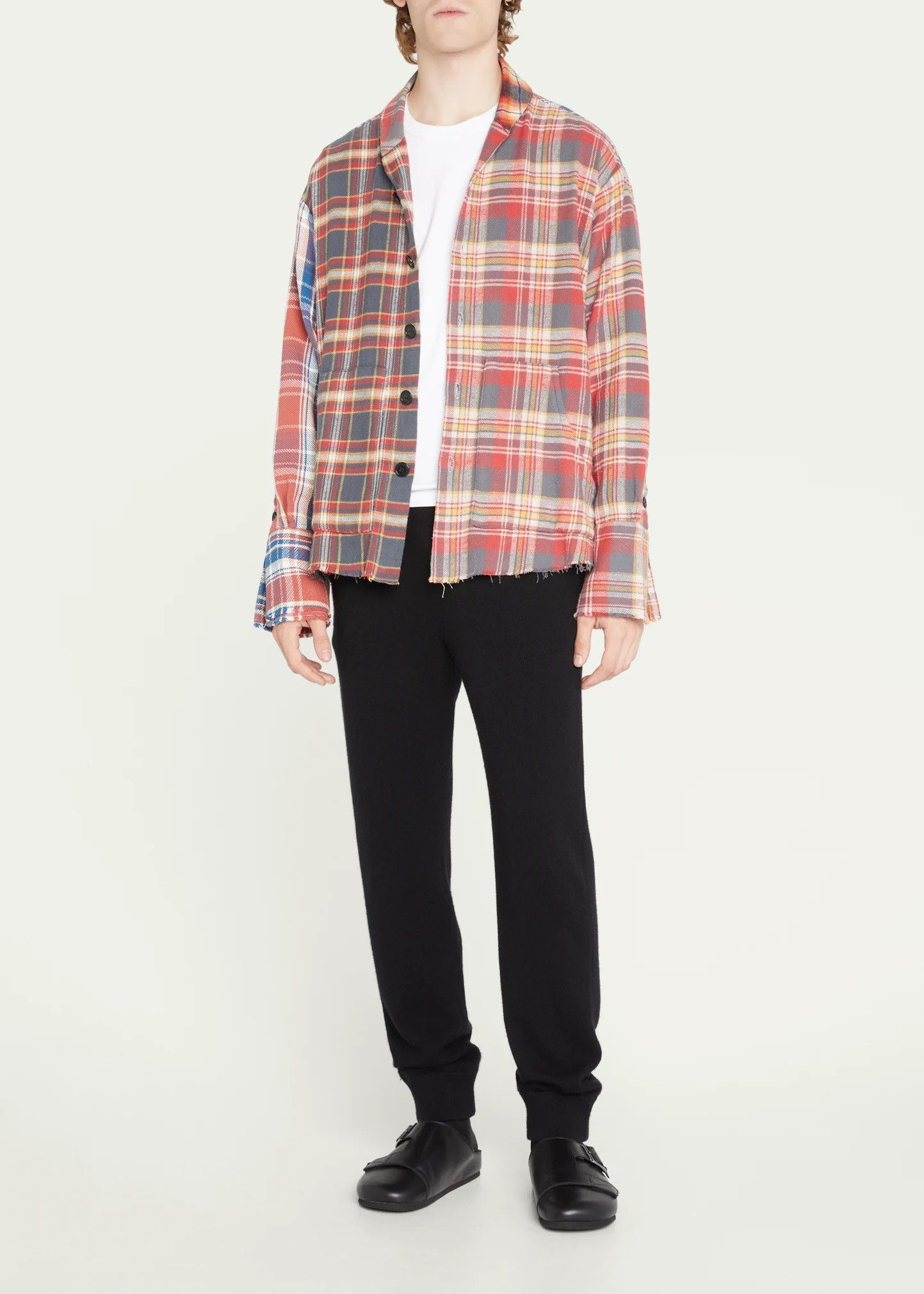 Greg Lauren Mixed Plaid Shawl Collar Boxy Shirt Jacket