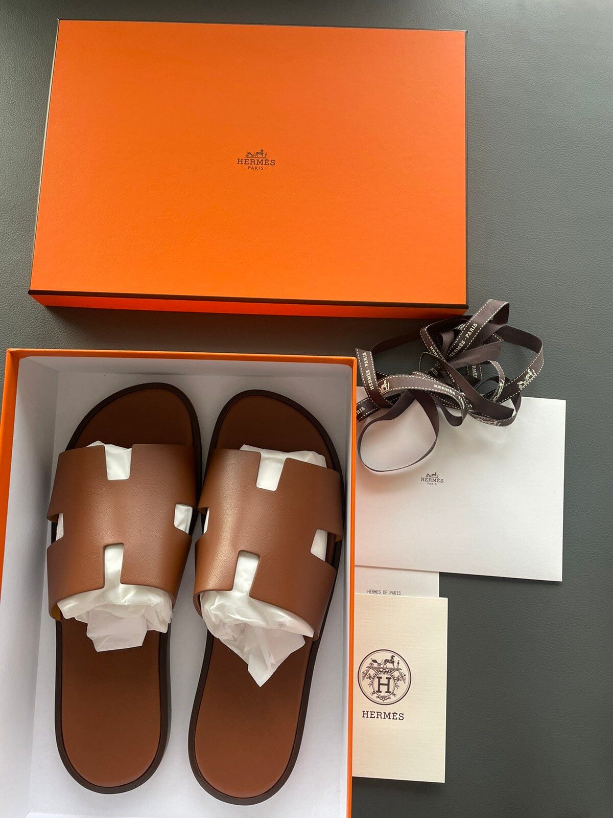 Pre-owned Hermes Logo Leather Izmir Sandal Slides Shoes In Brown