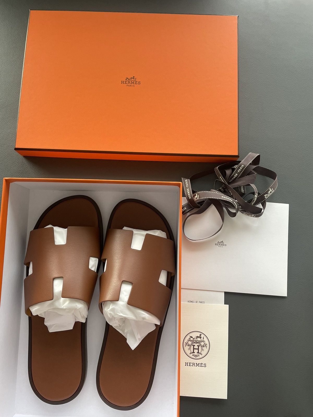 image of Hermes Logo Leather Izmir Sandal Slides Shoes in Brown, Men's (Size 12)