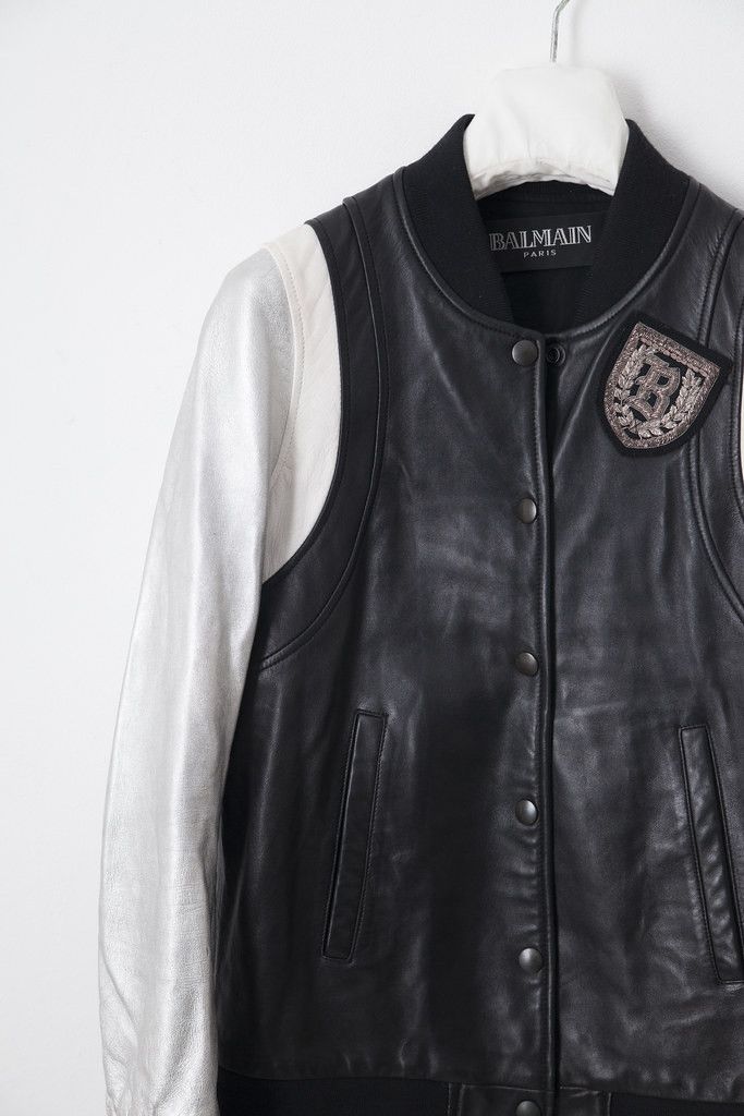 Balmain Black/silver leather varsity jacket Size XS / US 0-2 / IT 36-38 - 2 Thumbnail