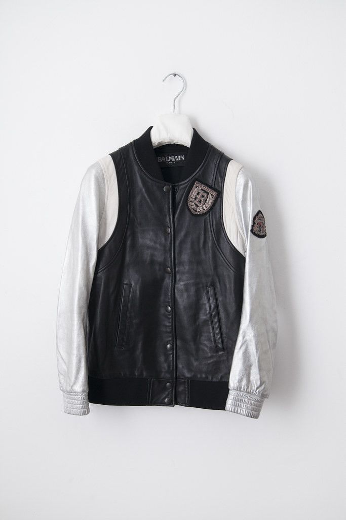 image of Balmain Black/silver Leather Varsity Jacket, Women's (Size XS)