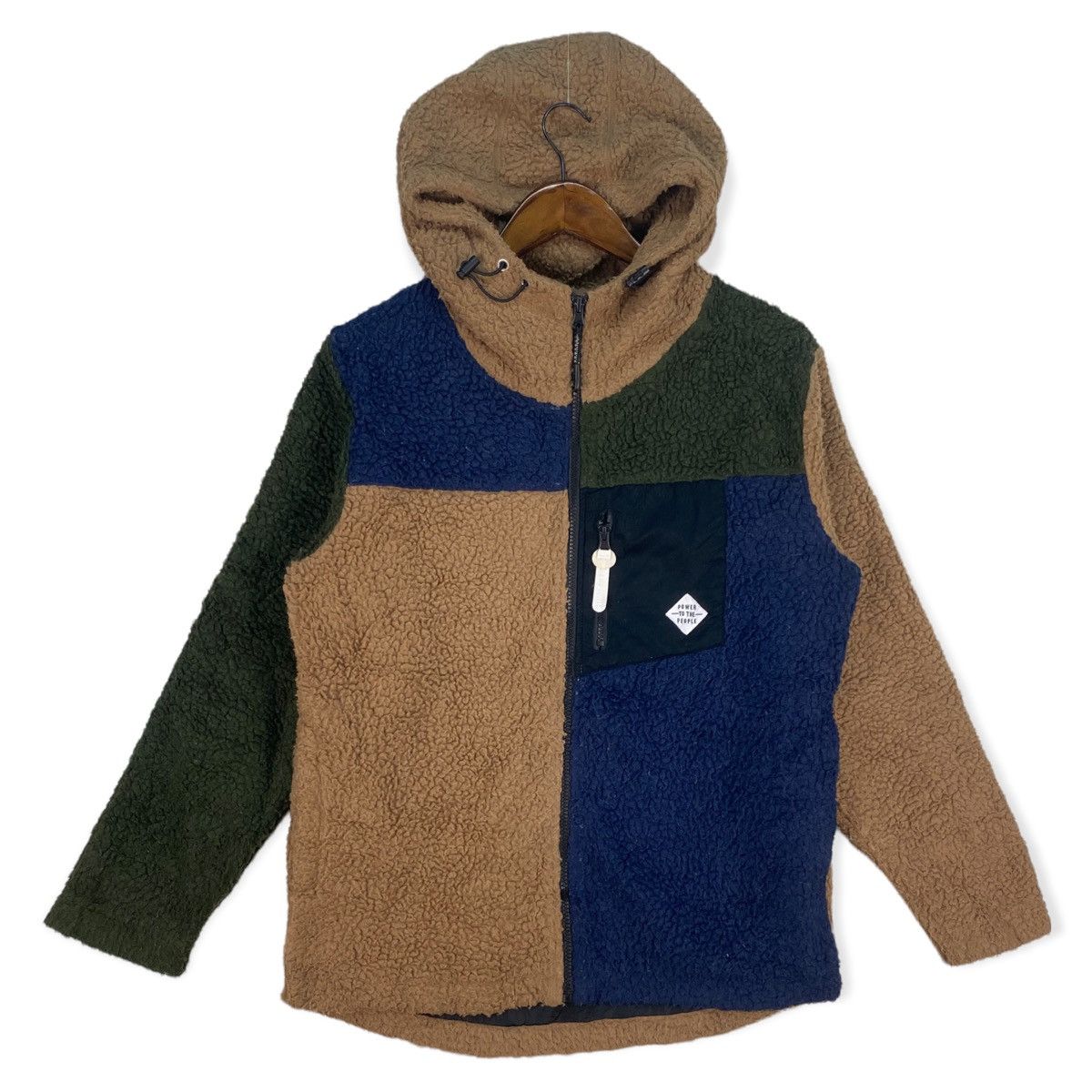 image of Designer Power To The People Sherpa Jacket in Blue/Brown/Green, Men's (Size Medium)