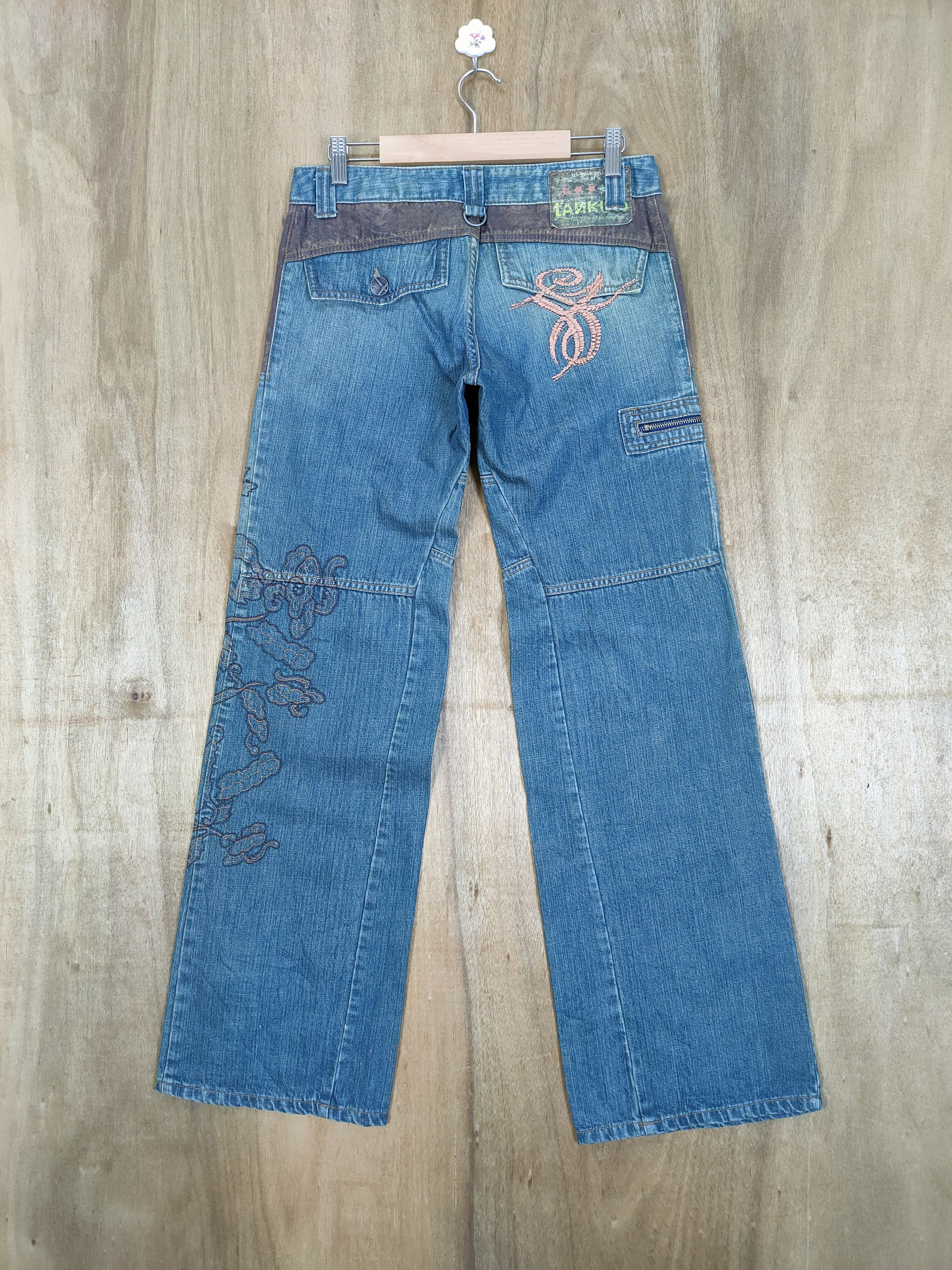 Japanese Brand VINTAGE TKS DENIM FLOWER JEANS FLARE CARGO PANTS Size US 29 - 2 Thumbnail