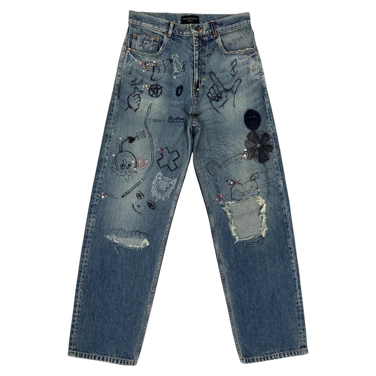 image of Balenciaga 360 Snowstorm Unreleased Distressed Denim in Blue, Men's (Size 30)