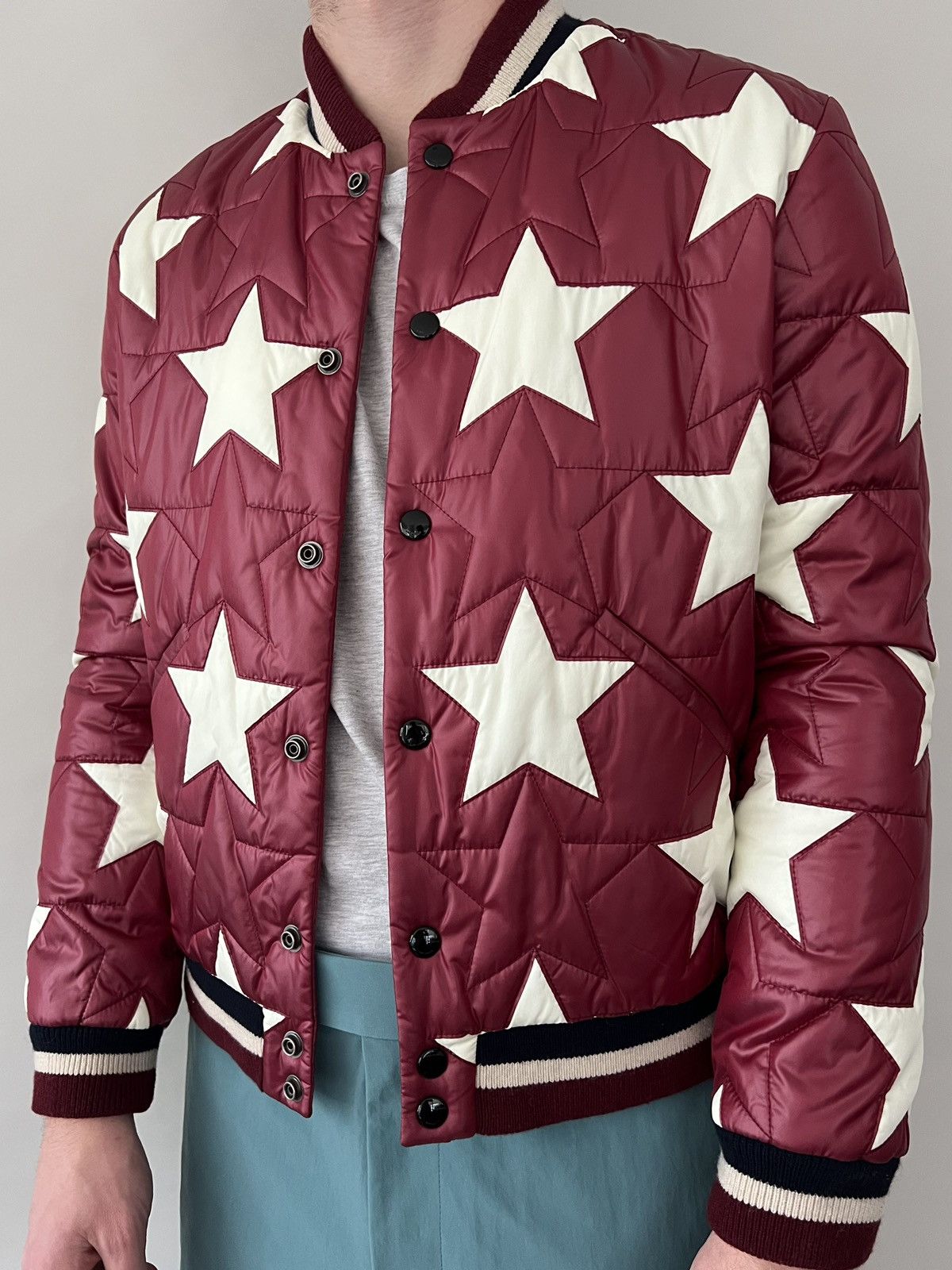 image of Saint Laurent Paris Star Quilted Bomber Jacket in Red/White, Men's (Size Small)