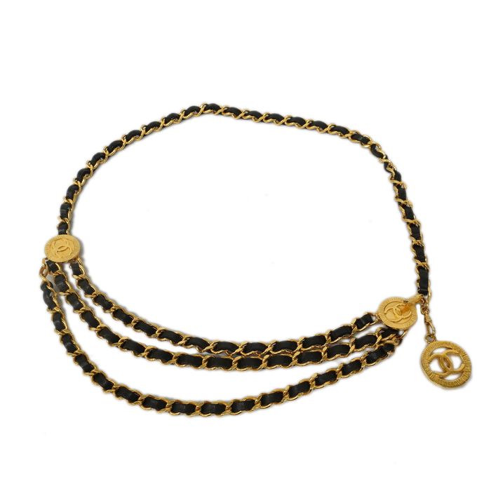 Chanel [3xd4347] Auth Chanel belt chain belt leather black gold metal