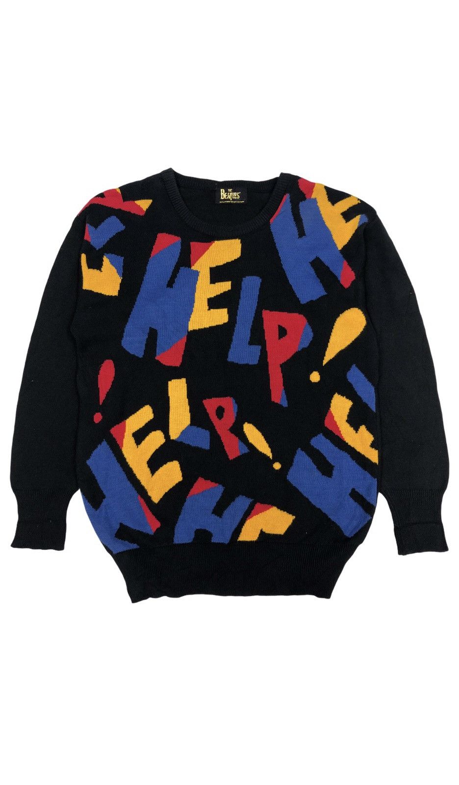 image of Band Tees x Vintage The Beatles Help! Overprinted Knitwear Jumper in Black, Men's (Size Medium)