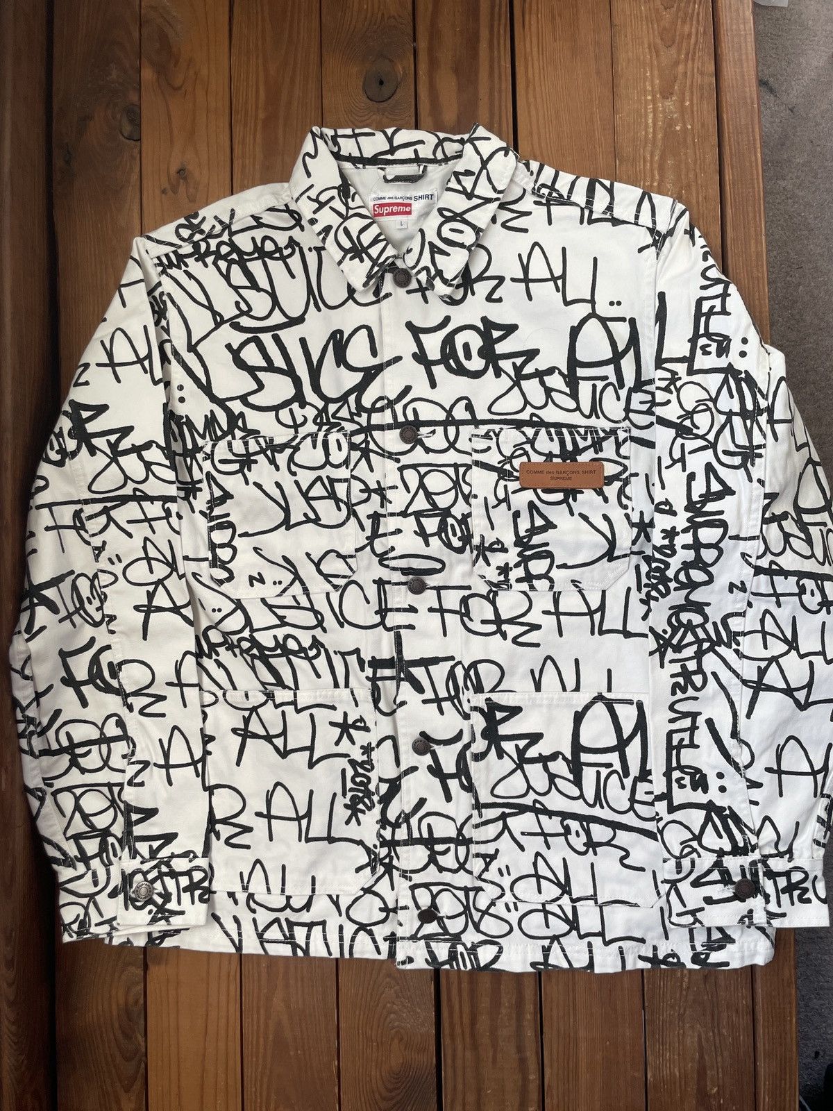 Supreme x CDG Justice For All White Canvas Chore Jacket FW18 Outerwear