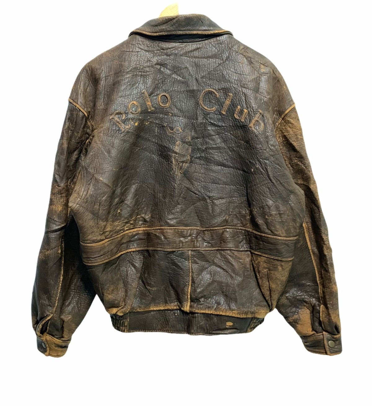 image of Archival Clothing x Genuine Leather Polo Club Spellout Flight Bomber Leather Jacket in Brown (Size 