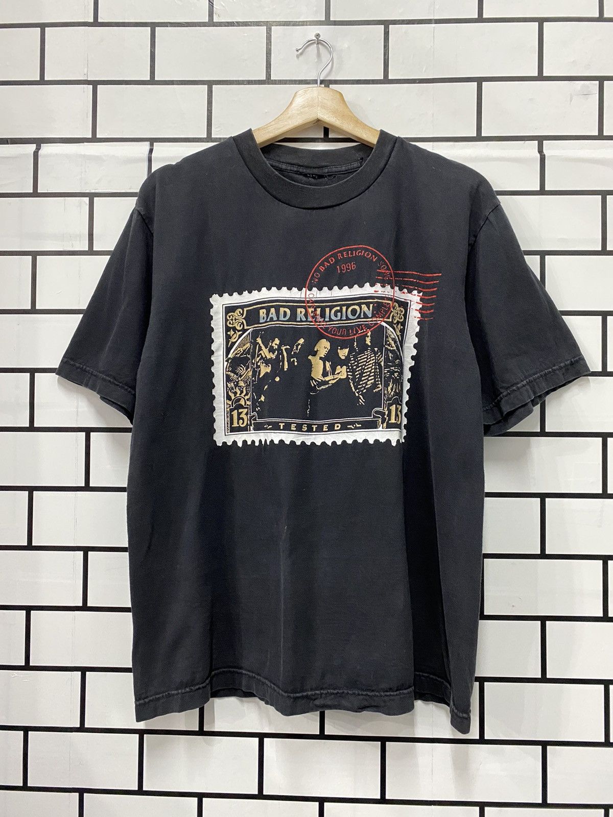 image of 1990X Clothing x Band Tees Vintage 90’S Bad Religion Tested Sun Faded Tshirt in Black (Size Medium)