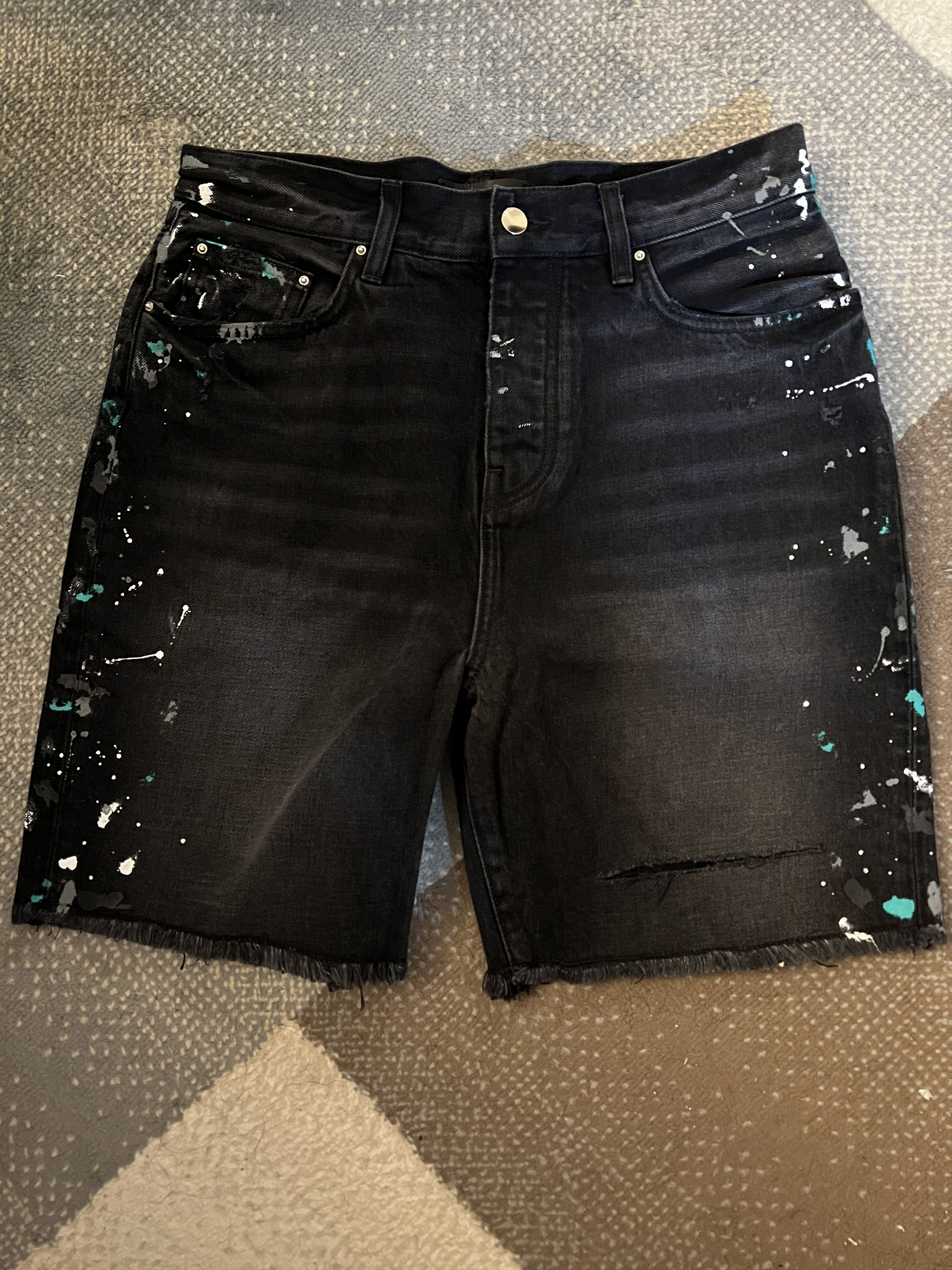 image of New Amiri Paint Splatter Denim Painter Shorts Bermuda Us 30 in Black, Men's