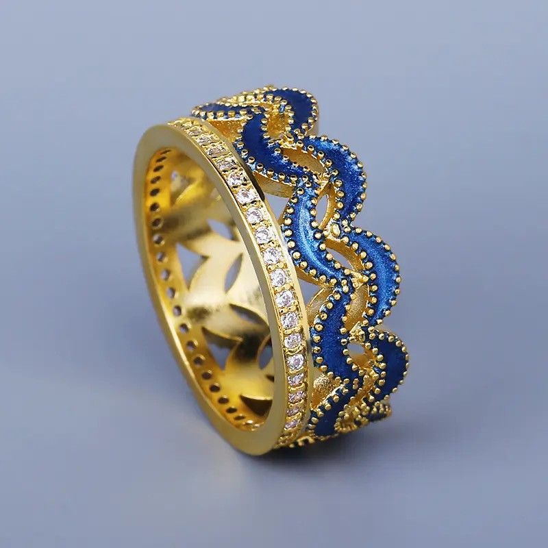 Jewelry x Vintage Creative Three Layer Crown Enamel Ring in Gold Blue, Men's