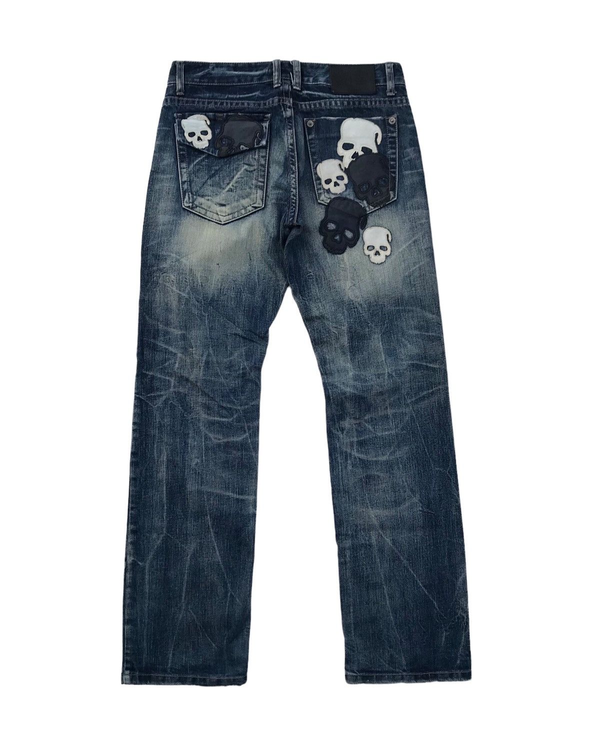 image of In The Attic Skulls Patches Streetwear Denim Pants in Blue, Men's (Size 32)