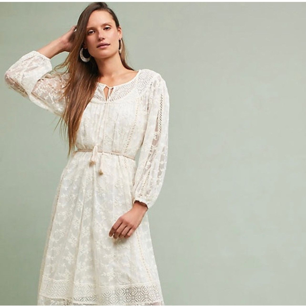 Blue Tassel Cream Floral Embroidered Lace Midi Dress PXS