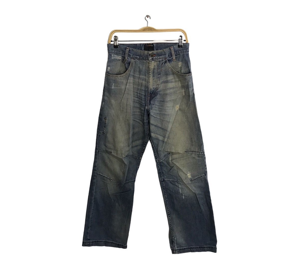 image of Energie Double Knee Style Distressed Faded Denim Jeans in Indigo, Men's (Size 29)