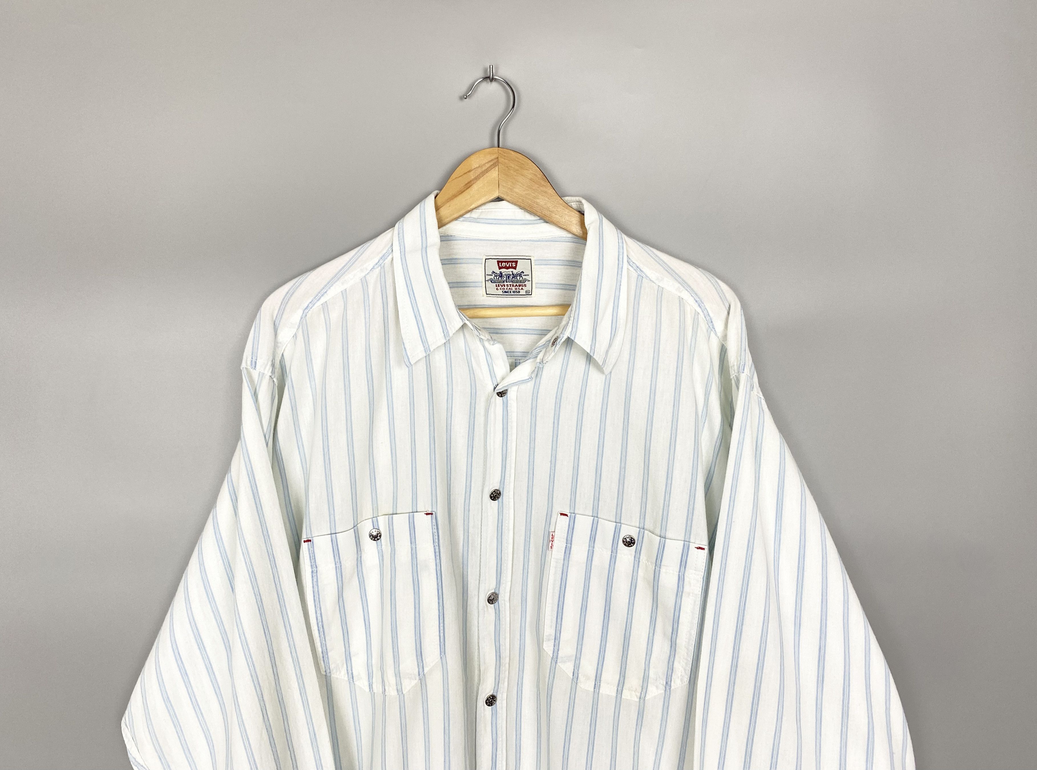 Levi's 1970s Vintage LEVIS White Tab Striped Real Indigo Shirt Size US XL / EU 56 / 4 - 2 Thumbnail