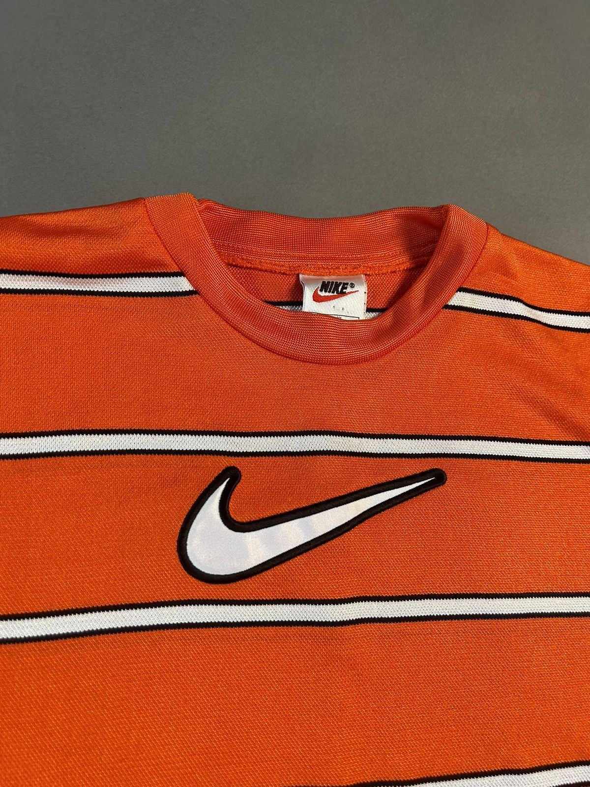 Nike × Vintage Nike big swoosh striped t-shirt vintage 90s Orange Size US M / EU 48-50 / 2 - 2 Thumbnail