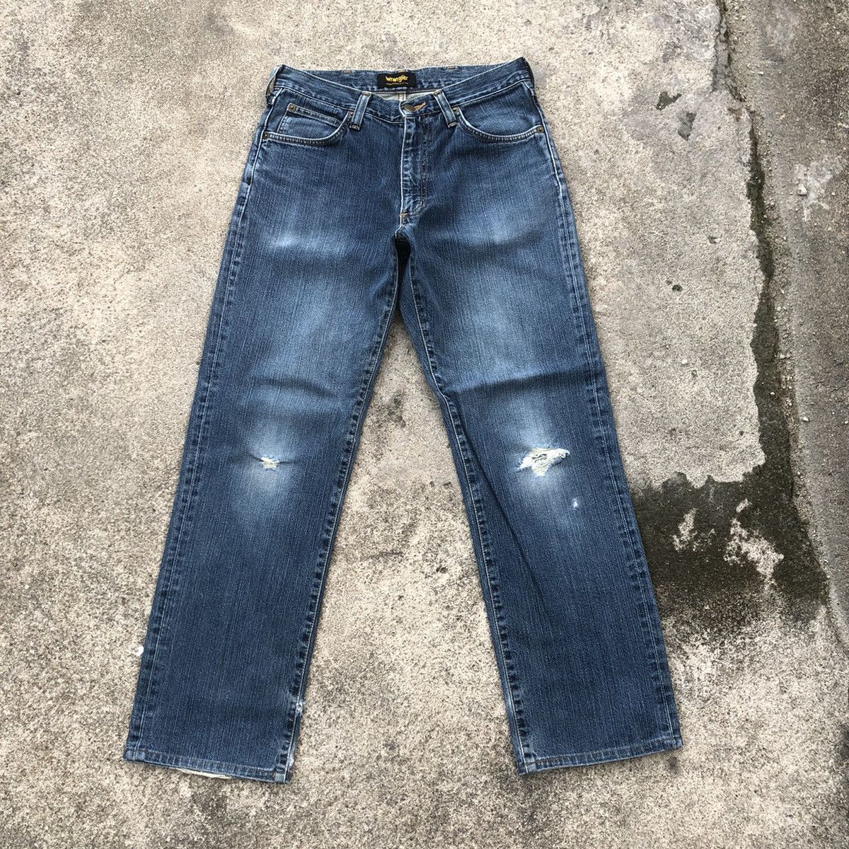 image of Distressed Denim x Vintage Wrangler Stoned Wash Rips Distress Denim Jeans in Blue Wash (Size 30)