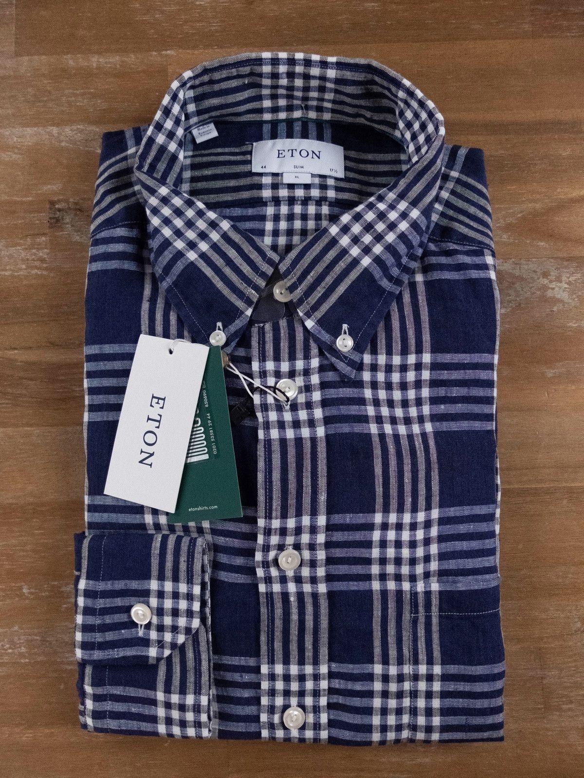 image of Eton Of Sweden Slim-Fit Plaid Blue Linen Shirt - 44 / 17.5, Men's (Size XL)