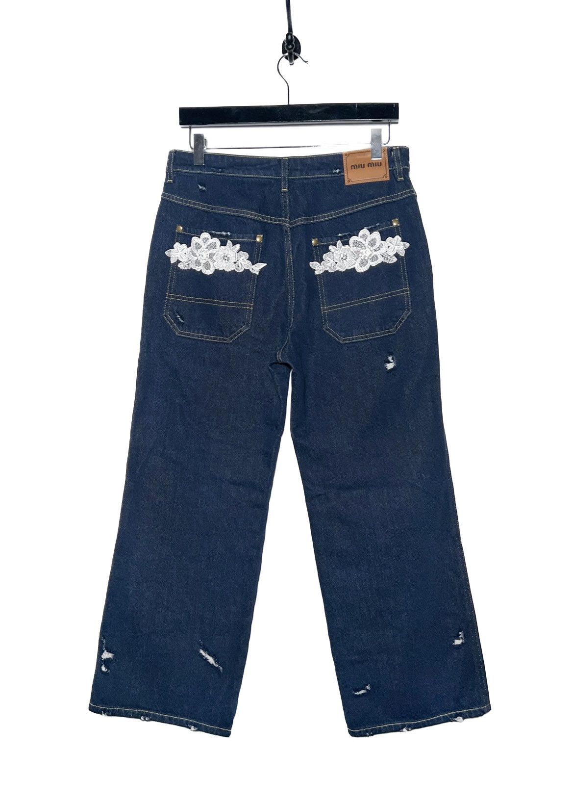 Miu Miu Blue Denim Embroidered Distressed Wide Leg Jeans