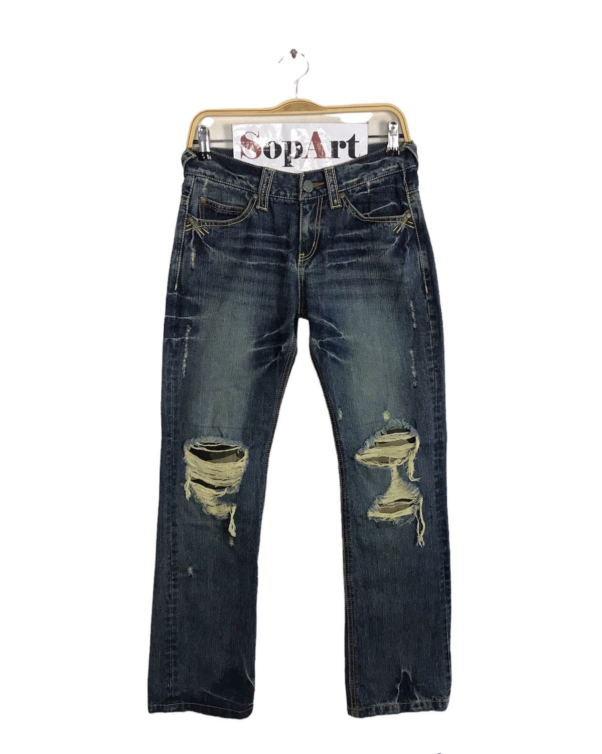 image of Icom Distressed Denim Leather Pocket Design in Blue, Women's (Size 30)
