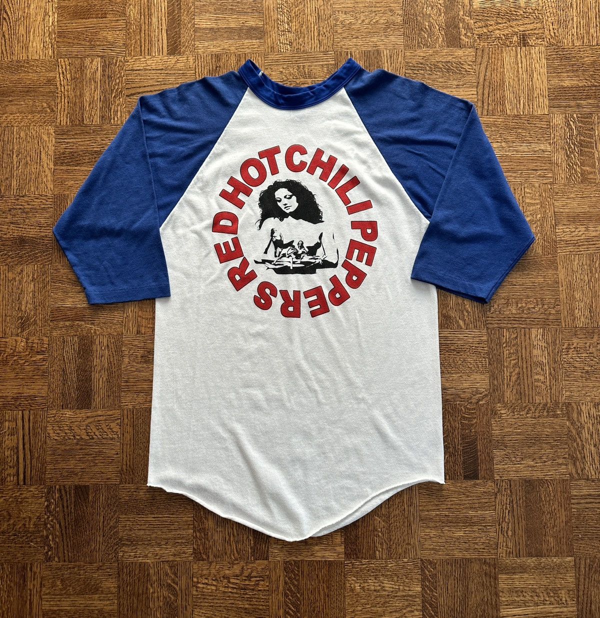 image of Band Tees x Made In USA Vintage 80's Red Hot Chili Peppers Raglan Tee Shirt in Blue White Red (Size