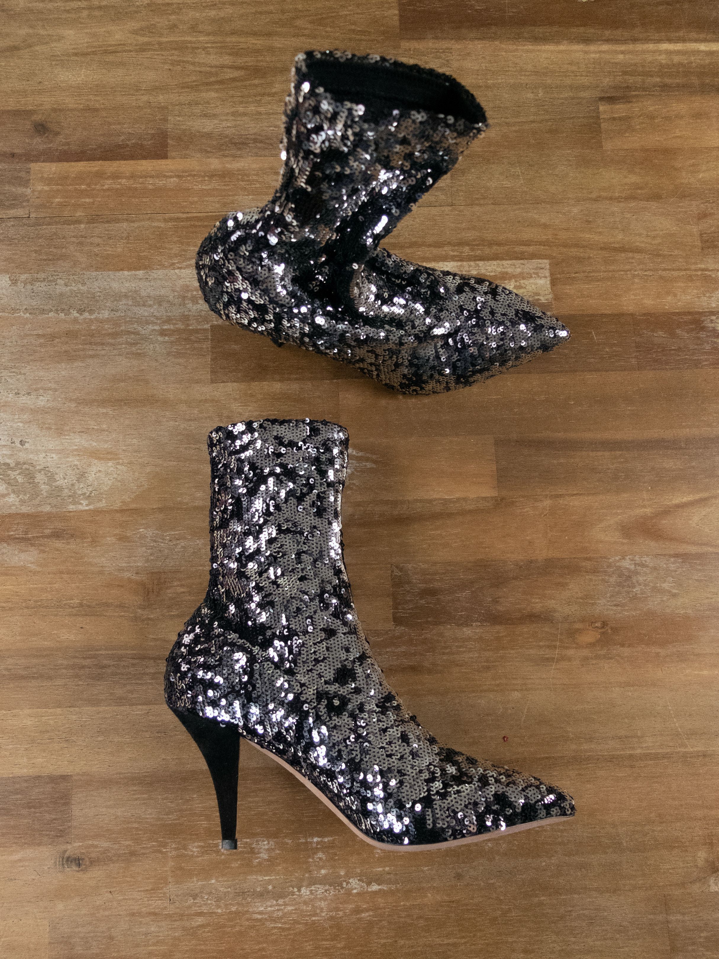 image of Valentino Liquid Metal Glow Silver Sequin Ankle Sock Boots, Women's (Size 8)