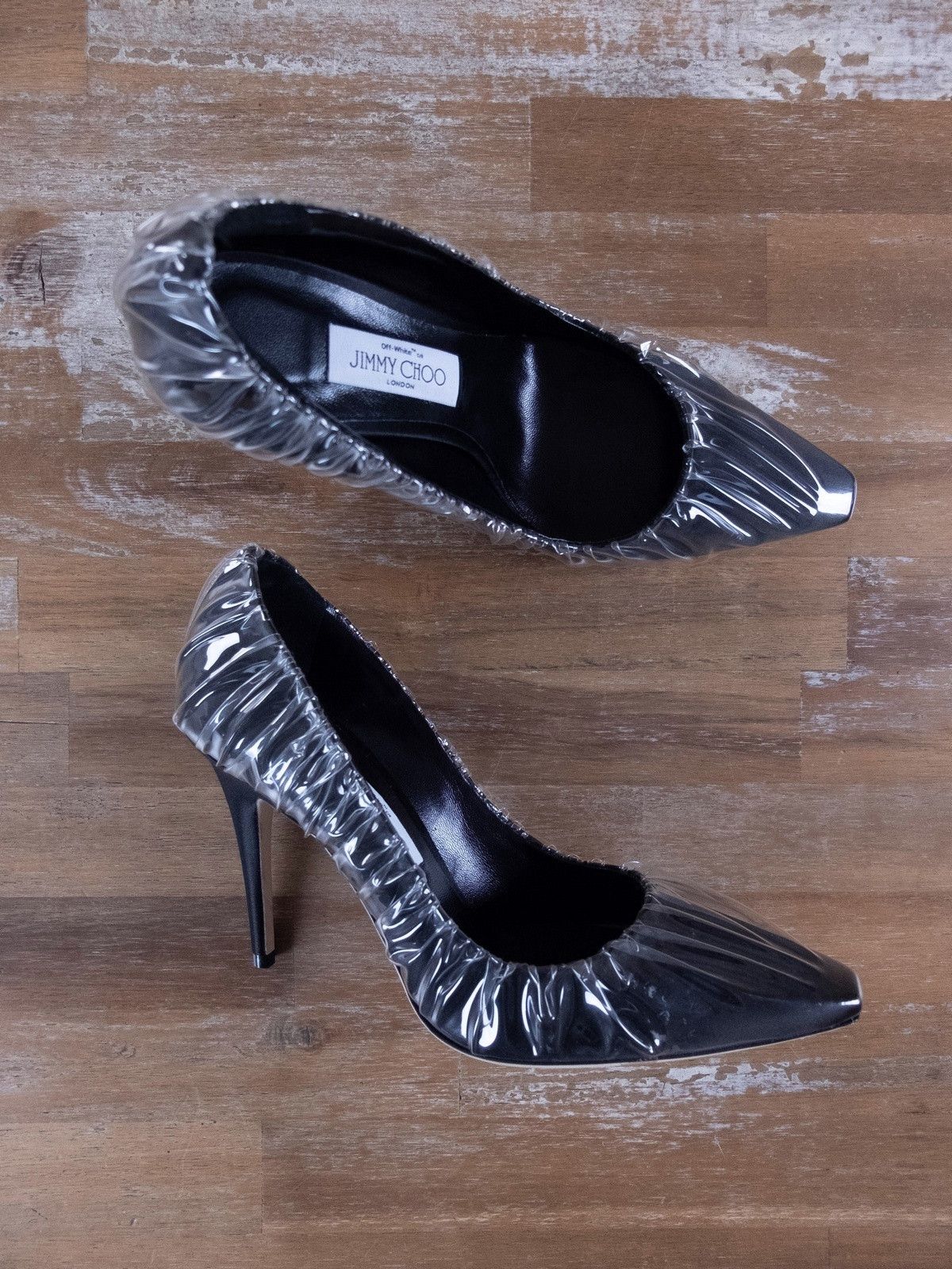 image of Jimmy Choo X Off-White Anne Black Satin Fabric Pvc Pumps 40 Shoes, Women's (Size 10)