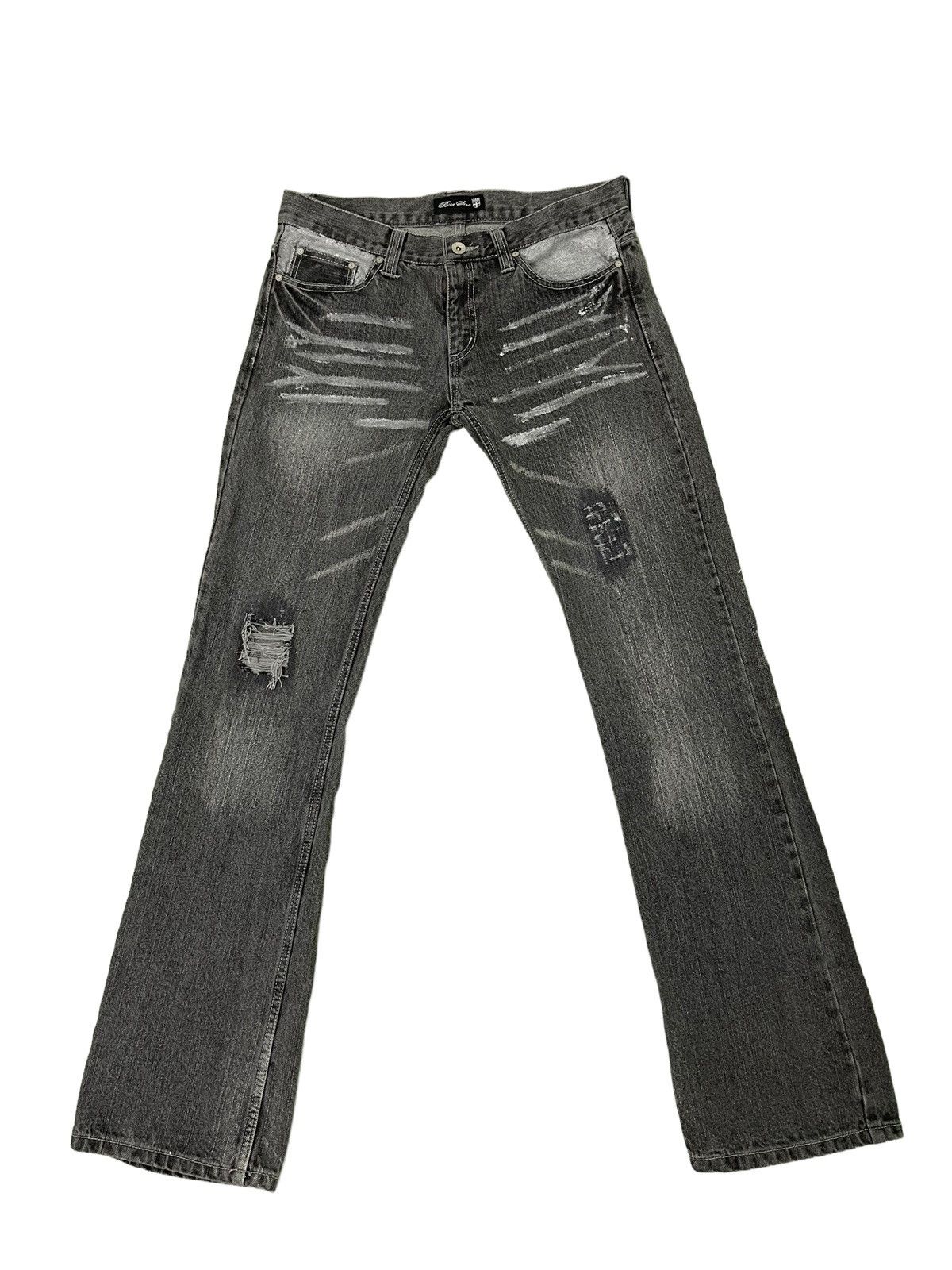 Japanese Brand Flare Jeans Bike Star Distress Denim Painted 5🟦3 Size US 33 - 2 Thumbnail