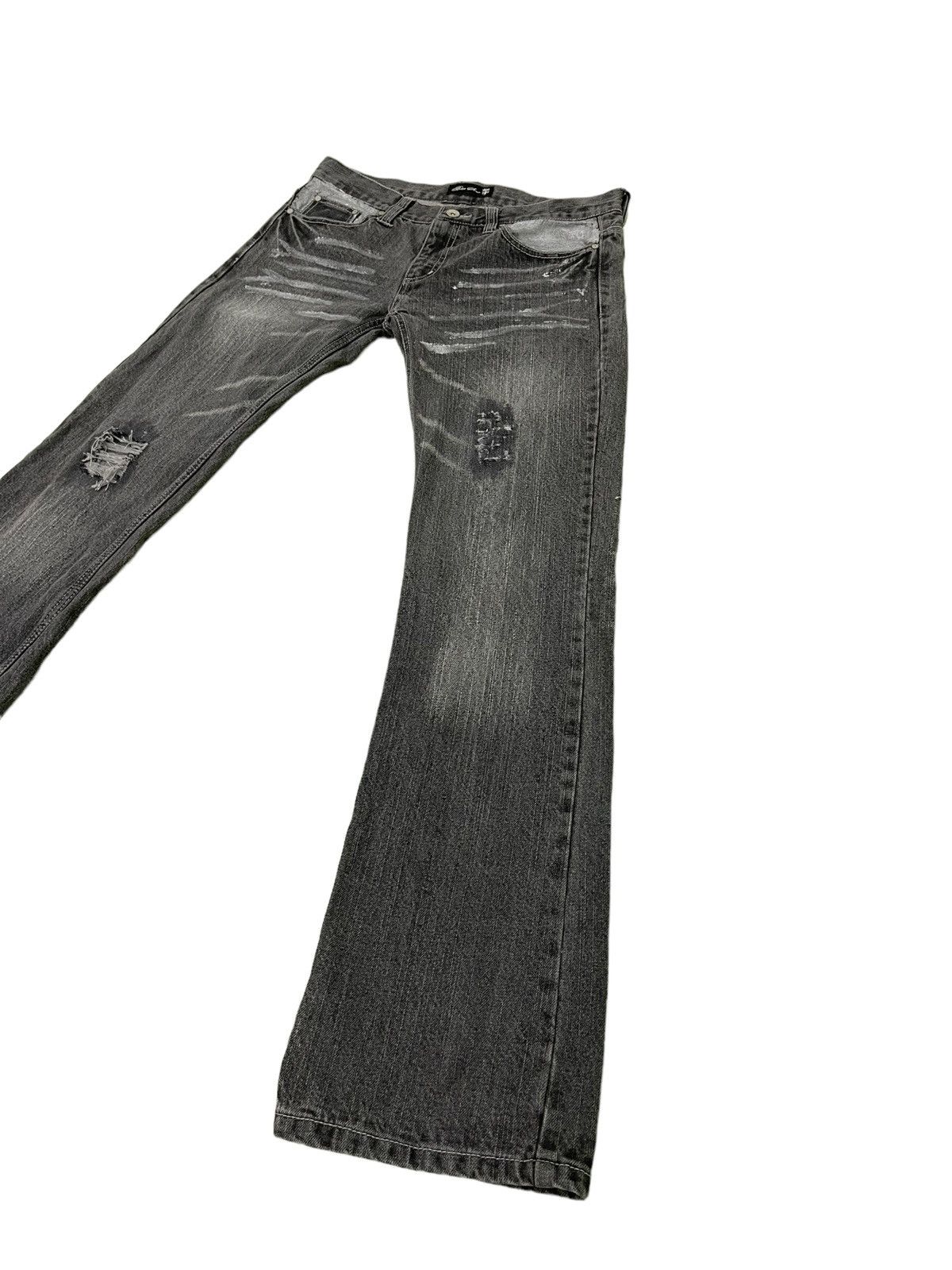 Japanese Brand Flare Jeans Bike Star Distress Denim Painted 5🟦3 Size US 33 - 3 Thumbnail