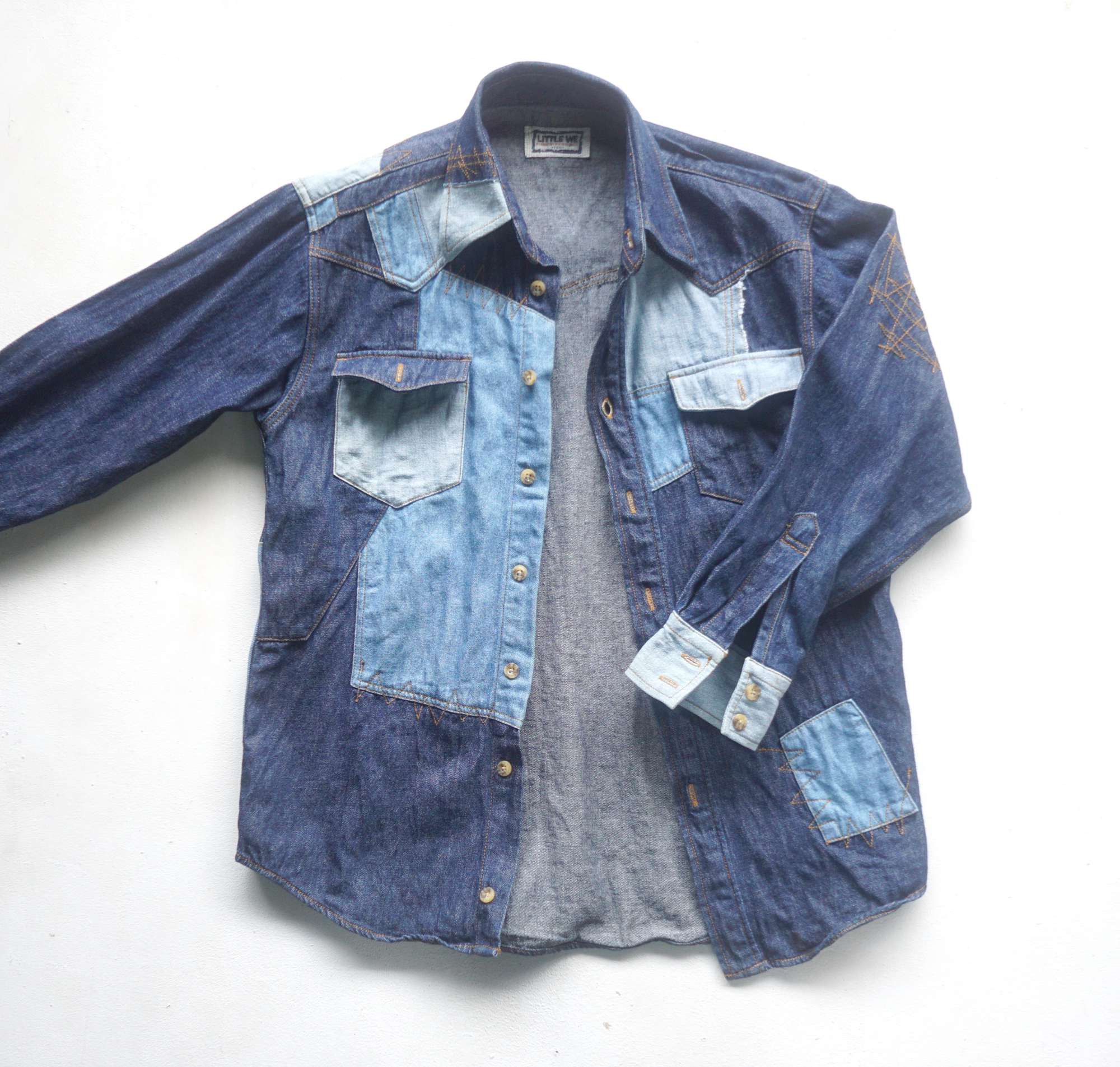 Japanese Brand LITTLE WE Patchwork Denim Shirt Size US S / EU 44-46 / 1 - 3 Thumbnail