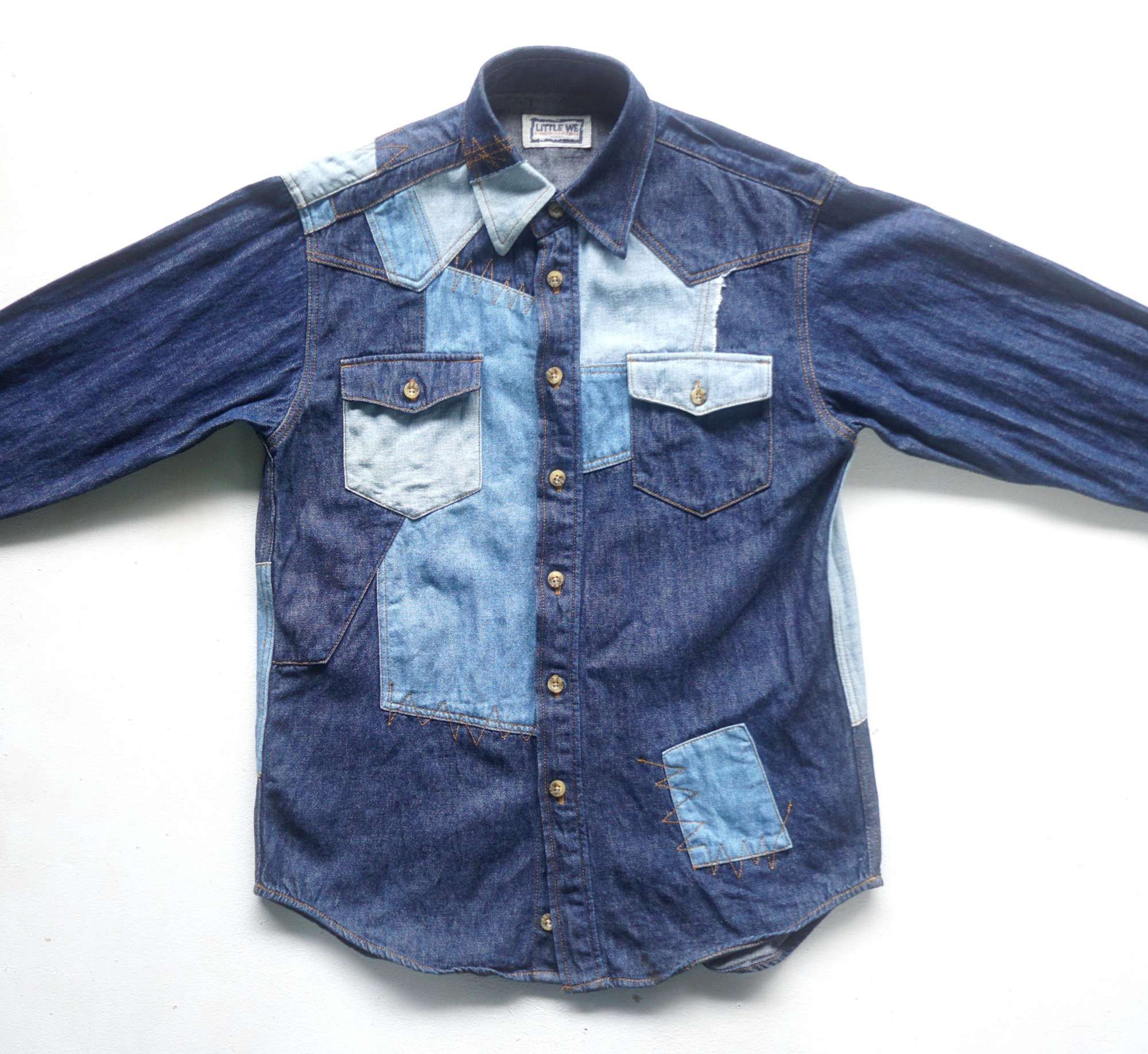 Japanese Brand LITTLE WE Patchwork Denim Shirt Size US S / EU 44-46 / 1 - 1 Thumbnail