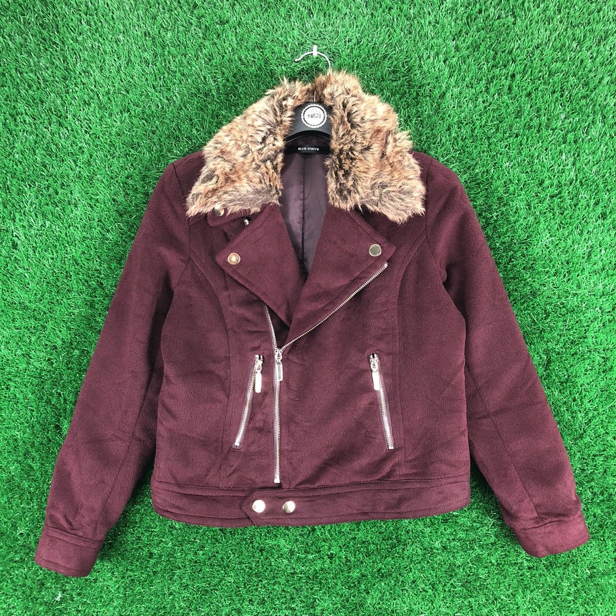 image of Vintage Double Collar Women Cropped Jacket in Maroon (Size Small)