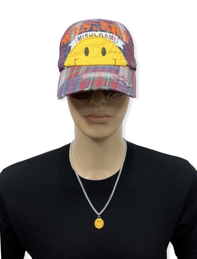 Japanese Brand DOPE🔥MISHI GAMI Smiley Distressed Tartan Trucker Hat Size ONE SIZE - 2 Thumbnail