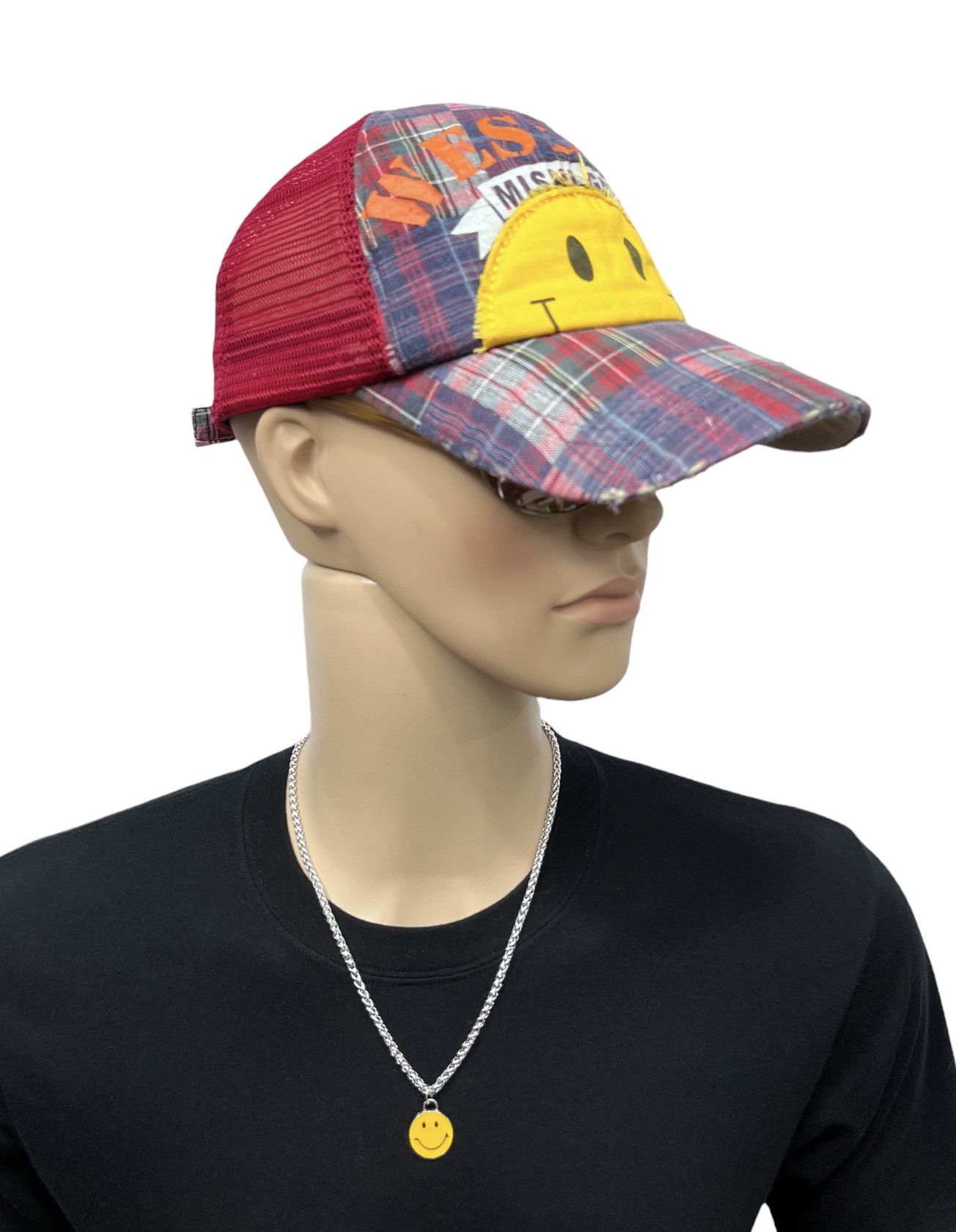 Japanese Brand DOPE🔥MISHI GAMI Smiley Distressed Tartan Trucker Hat Size ONE SIZE - 3 Thumbnail