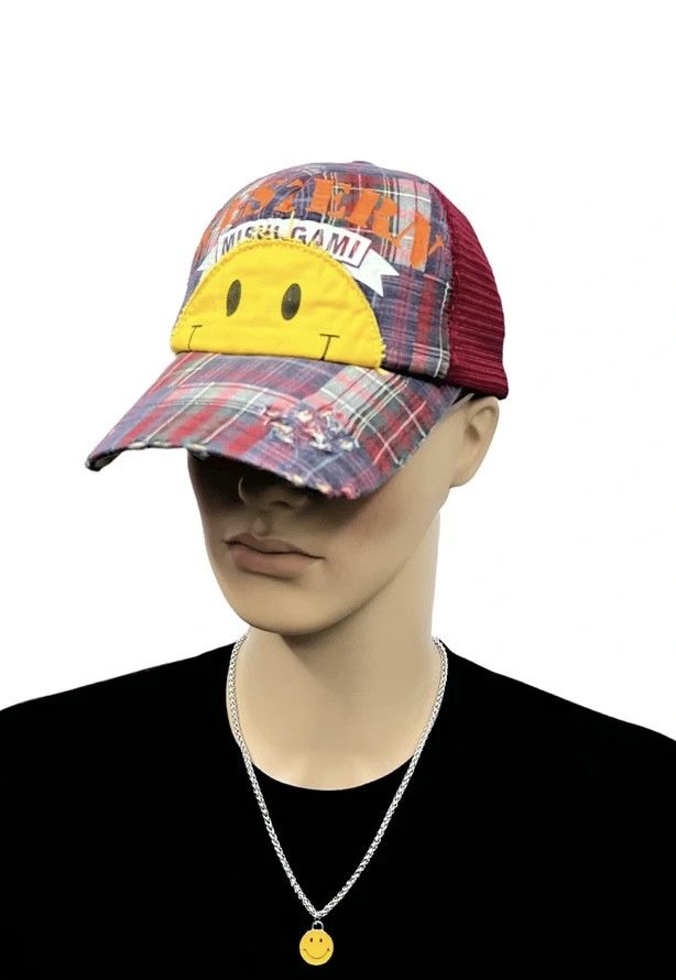Japanese Brand DOPE🔥MISHI GAMI Smiley Distressed Tartan Trucker Hat Size ONE SIZE - 1 Thumbnail