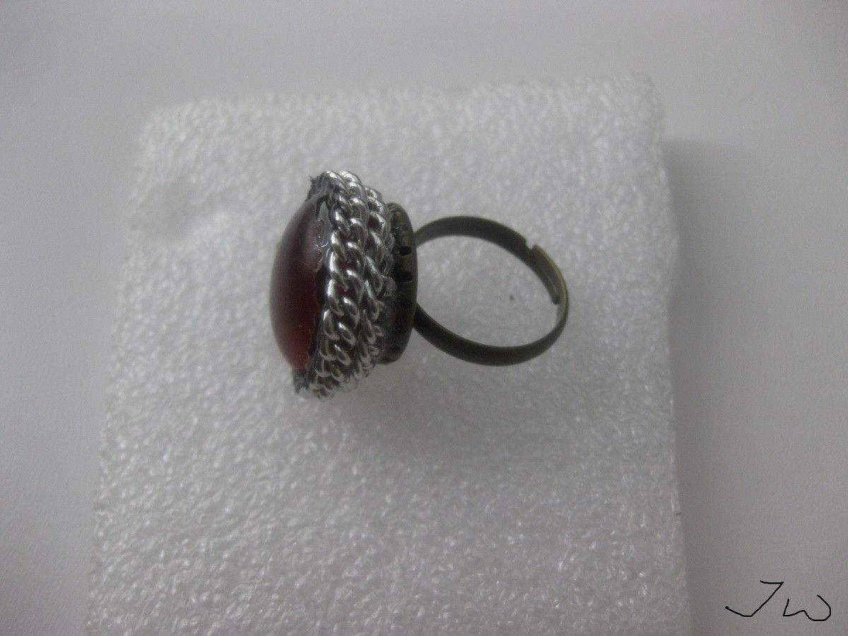 Handmade Red Oval Glass Bronze Ring Size ONE SIZE - 2 Thumbnail