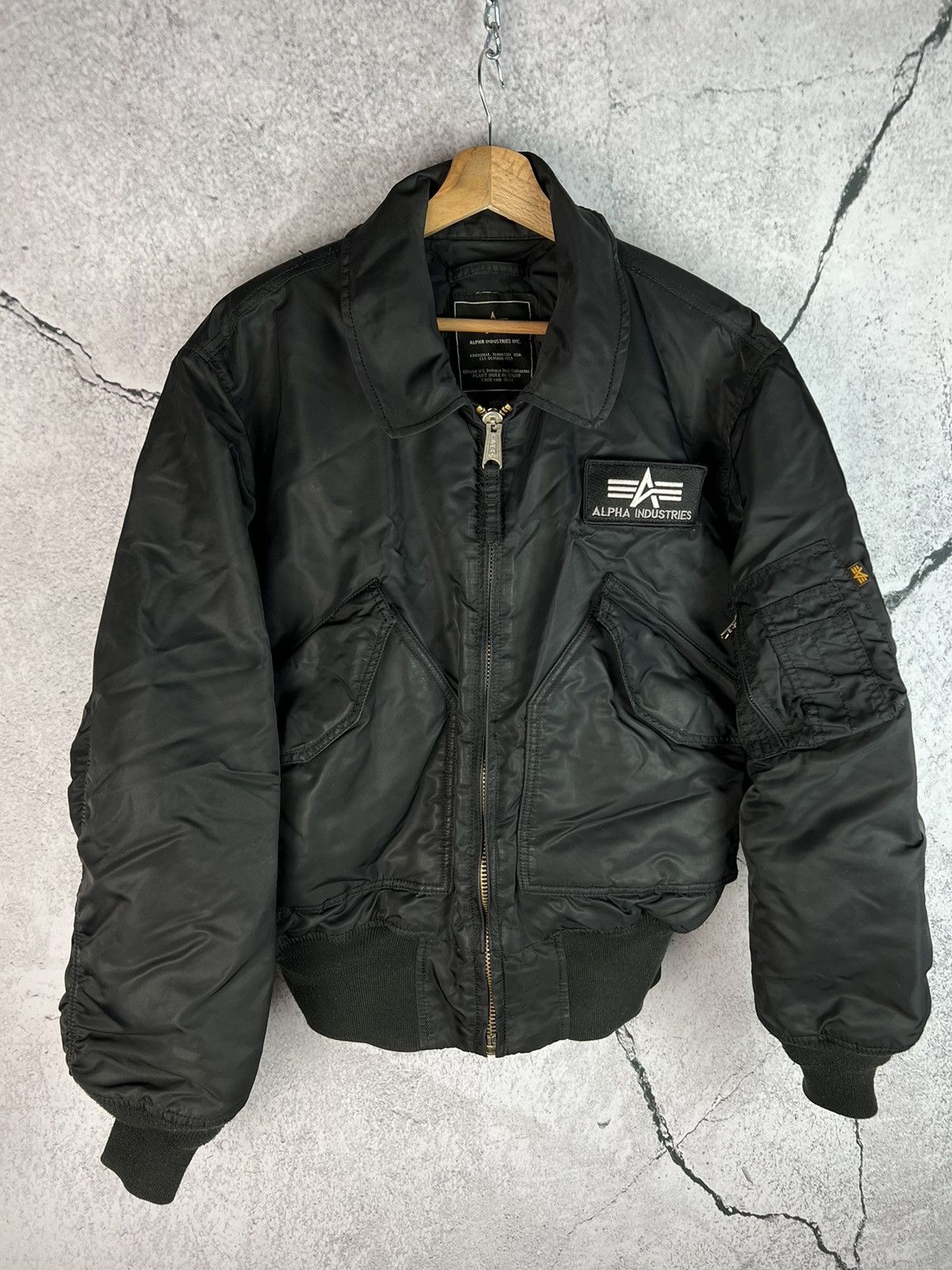 image of Alpha Industries Vintage Nylon Black Bomber Jacket Military, Men's (Size Medium)